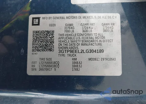 2020 GMC Sierra 1500 4Wd Short Box At4 из США, поврежденный, VIN 3GTP9EEL2LG304189